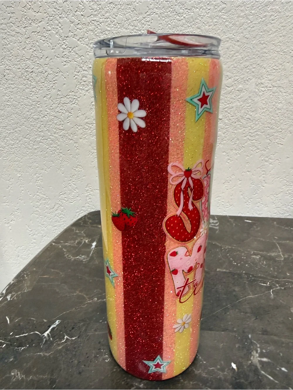 Summer Colorful Strawberry Stripes Glitter 30 oz Skinny Tumbler Cup Handmade